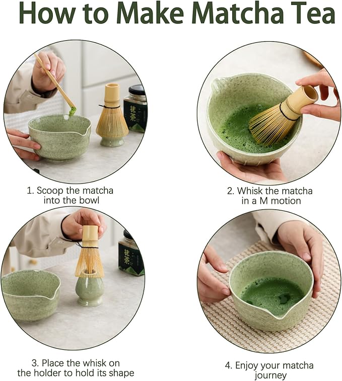 Matcha Set, Japanese Tea Set Includes Matcha Bowl with Spout, Matcha Whisk Holder, Bamboo Matcha Whisk and Bamboo Scoop