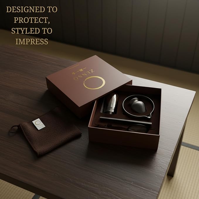 ZENSO Premium Matcha Whisk Set – 8 Piece Japanese Matcha Tea Ceremony Kit | Handmade Ceramics - Matcha Bowl, Purple Bamboo Whisk, Whisk Holder, Sifter, Scoop & Scoop Holder, Tea Cloth, Tea Spoon