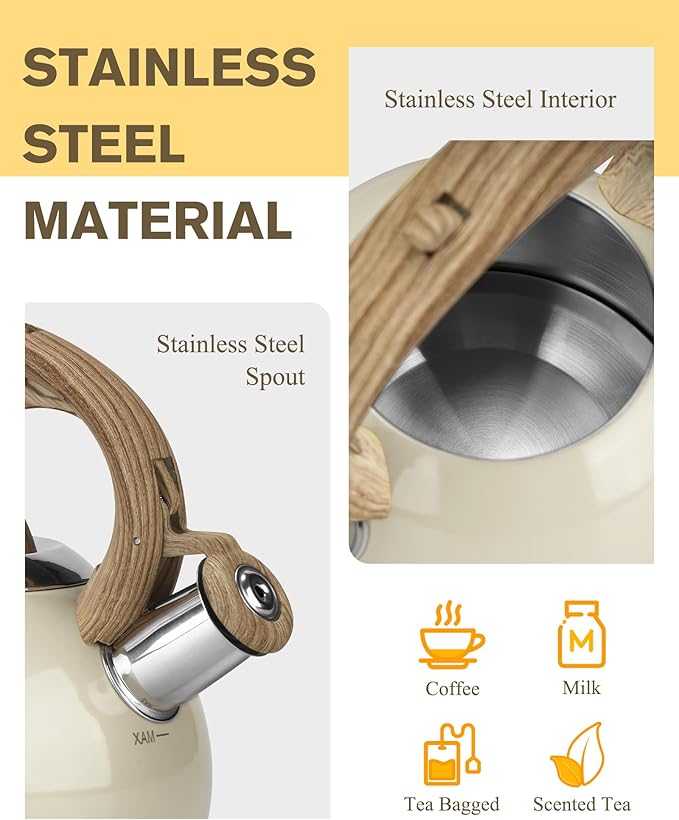 Teapot for Stovetop, 2.1 Quart Stove Top Whistling Tea Kettle, Teapot Kettles with Food Grade Stainless Steel and Wood Pattern Folding Handle