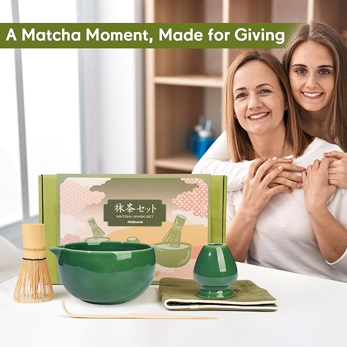 Matcha Whisk Set – Ceramic Matcha Set with Matcha Bowl, Matcha Whisk & Holder, Bamboo Scoop, Tea Towel – 5-Piece Japanese Matcha Kit for Matcha Lovers, Beginners & Gifting (Green, 17oz)