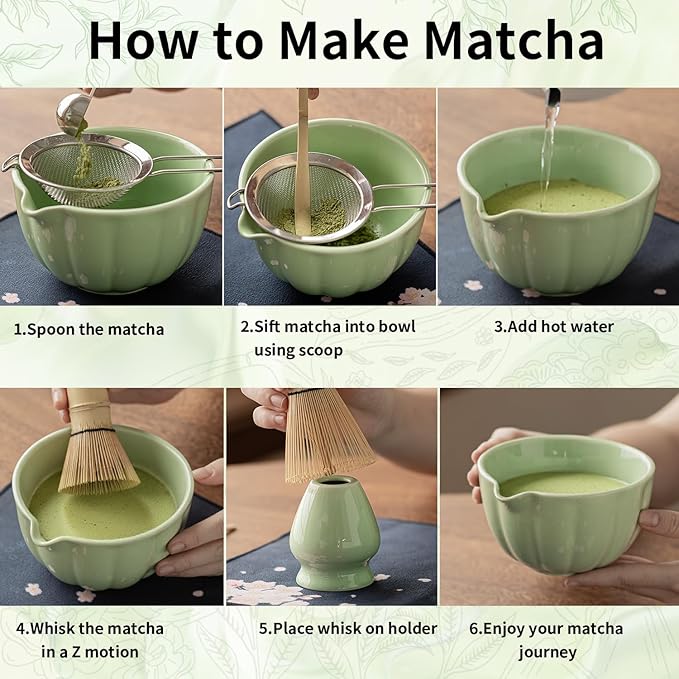 Matcha Whisk Set of 8 - Htrcxb Ceramic Matcha Set, Include Matcha Bowl, Matcha Whisk and Holder, Bamboo Scoop, Measuring Spoon, Scoop Rest