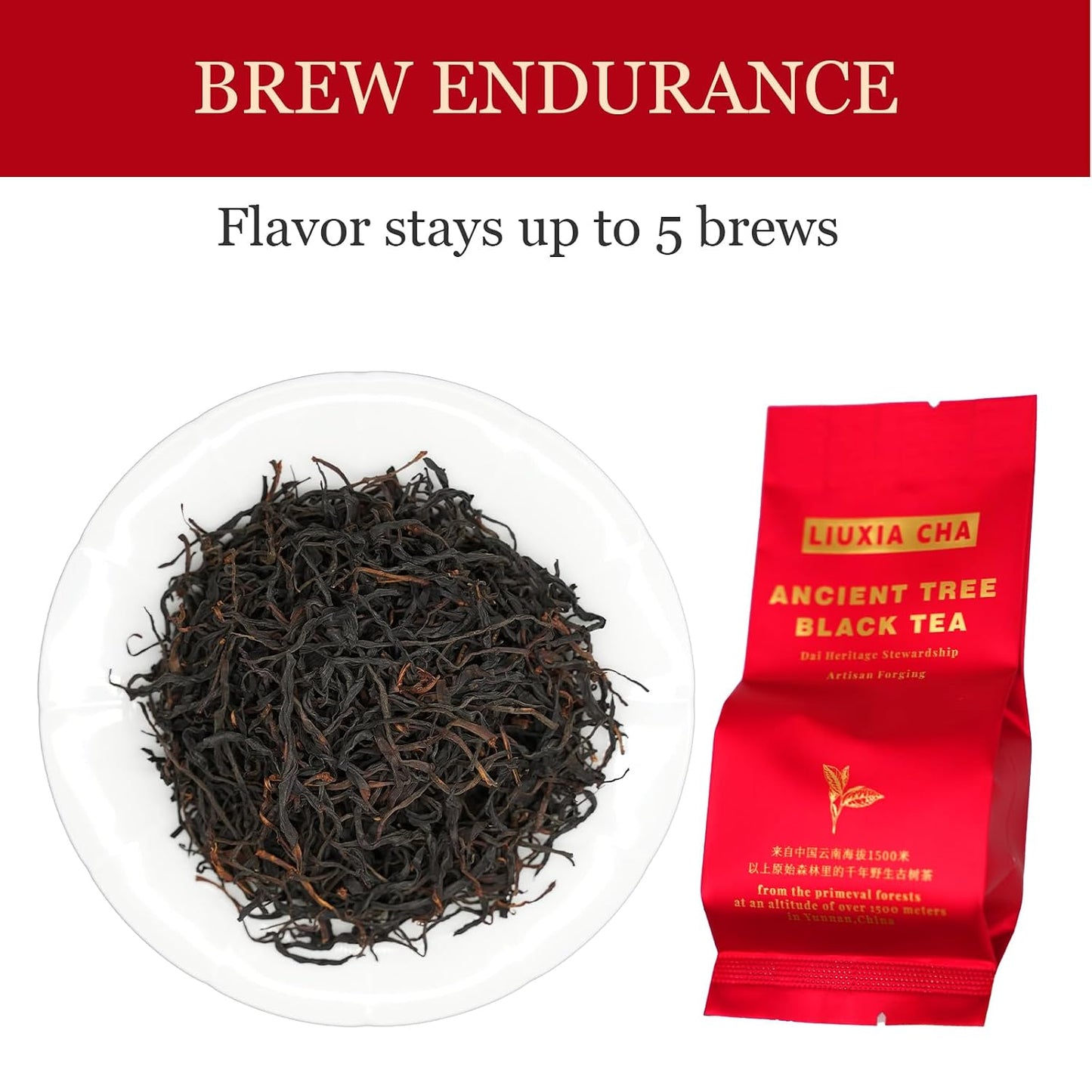 LIUXIA CHA Yunnan Black Tea (Dian Hong), Ancient Tree Chinese Loose Leaf Tea, Spring Harvest, Honey and Malt Aroma, Low Caffeine, 12 Individually Sealed 8g Pouches, 3.4 oz