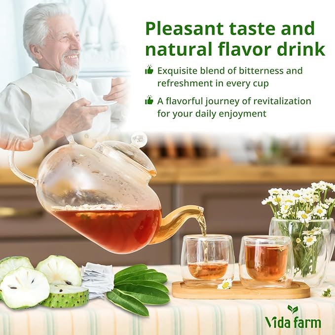 Vida Farm 50 Premium Soursop Tea Bags, 100% Natural Pure Soursop Leaves: Pleasant Taste, Natural Flavor, Caffeine Free, Hojas de Guanabana Para te