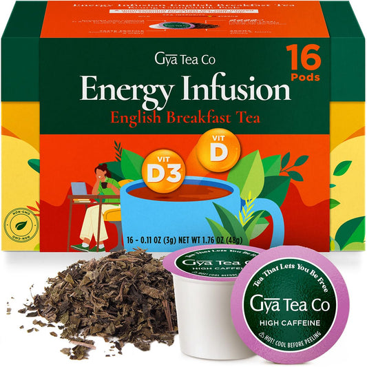 Gya Tea Co English Breakfast Tea Gift Set (16 ct) - High Caffeine Wellness Tea Pod Rich in Vitamin D, D3 for Refresh &amp; Energy