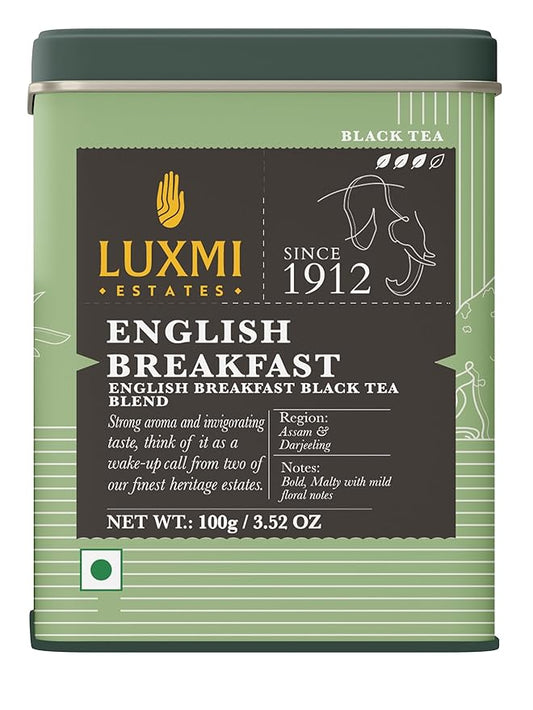 Luxmi Estates - Tale of Two Estates - Organic English Breakfast Tea - Loose Leaf - 100g (50 Cups) | Made with Organic Darjeeling & Assam Tea from India | Smooth, Flavorful, Robust and Caffeinated