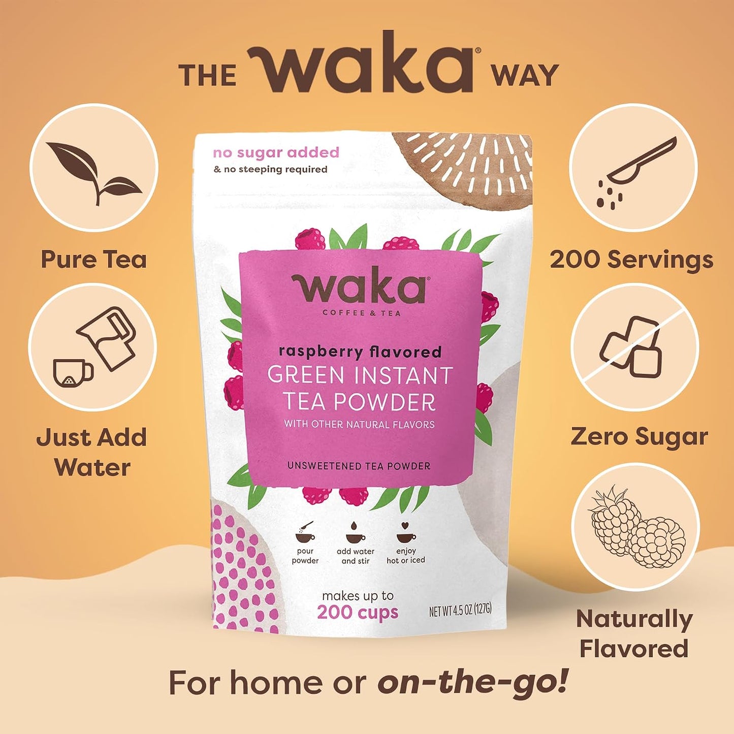 Waka Instant Green Tea Mix, Raspberry Flavored, Sugar-Free, 4.5 oz | Naturally Flavored, Unsweetened Concentrated Green Tea Powder, Makes up to 200 Hot or Iced Cups
