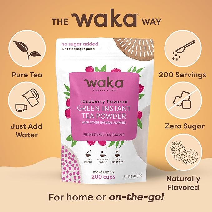 Waka Instant Green Tea Mix, Raspberry Flavored - 100% Tea Leaves, No Additives, Unsweetened Tea Powder in Bulk Pouch – Easy Quick Hot and Iced Teas, Up to 200 Cups (4.5oz)