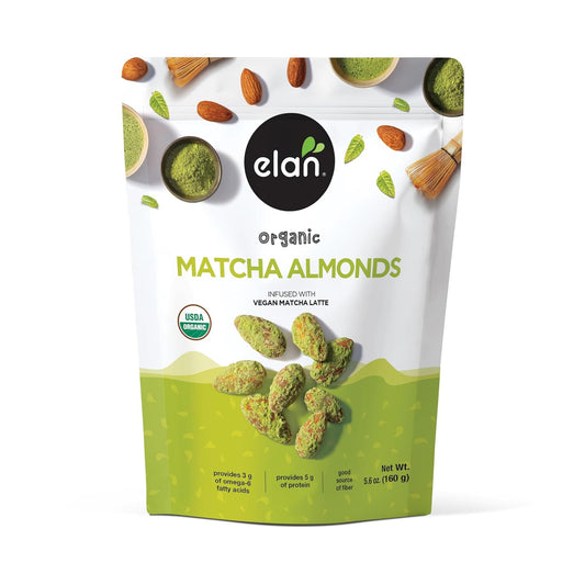 Elan Organic Matcha Almonds, 5.6 oz, Non-GMO, Gluten-Free, Vegan, Kosher, Superfood Infused Nuts (Roasted Almonds, Coconut, Matcha Green Tea Powder)