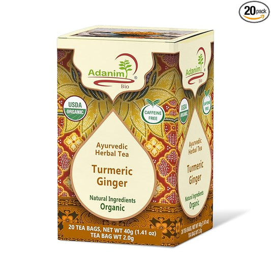 Adanim Bio Turmeric Ginger Herbal Tea 20 Individually Wrapped Tea Bags Organic Caffeine Free Herbal Infusion with Turmeric Ginger USDA Organic