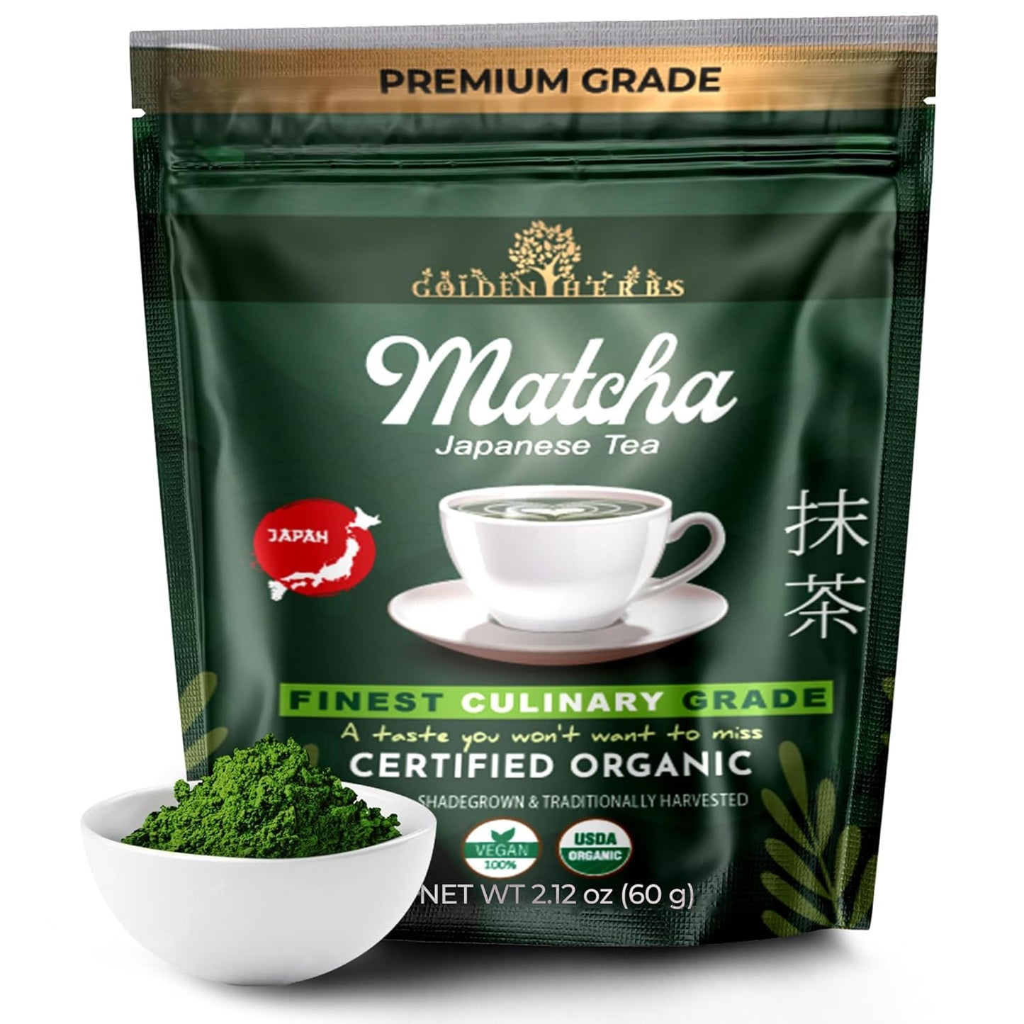 Golden Herbs Culinary Grade Matcha Organic Japanese Green Tea Powder for Lattes, Smoothies & Baking – Vibrant Green, Rich Umami Flavor, Stone-Ground for Maximum Freshness Resealable Pouch (60 Grams, Culinary Quality)