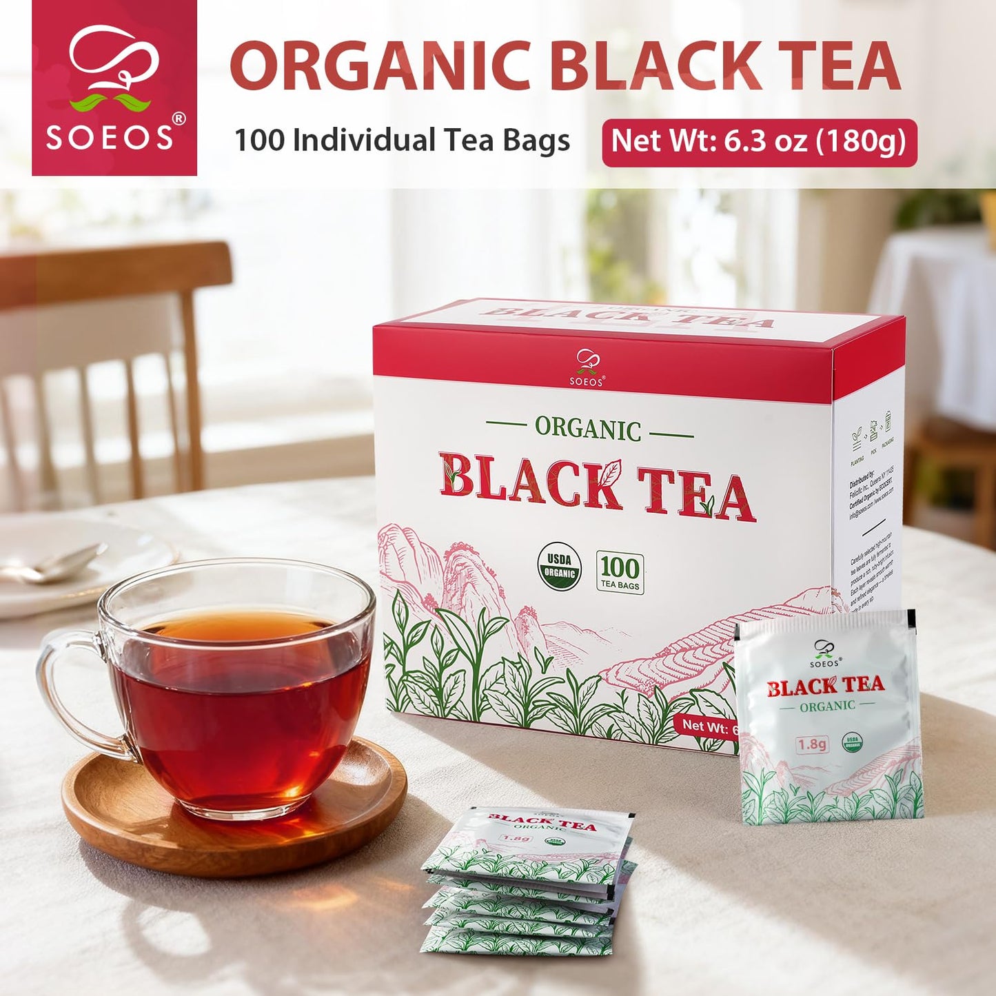 Soeos Organic Black Tea Bags, 6.3oz (180g) 100 Tea Bags, Bold Aroma & Smooth Flavor, Premium Handpicked Tea Leaves, Perfect for Morning Brew or Afternoon Refreshment