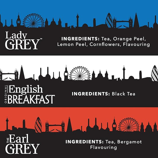 Twinings London Skyline Red, White, & Blue Commemorative Collection of Loose Leaf Teas, Limited Edition Gift Set, 100g Tins (Pack of 3), Original English Breakfast, The Earl Grey, & Lady Grey Tins