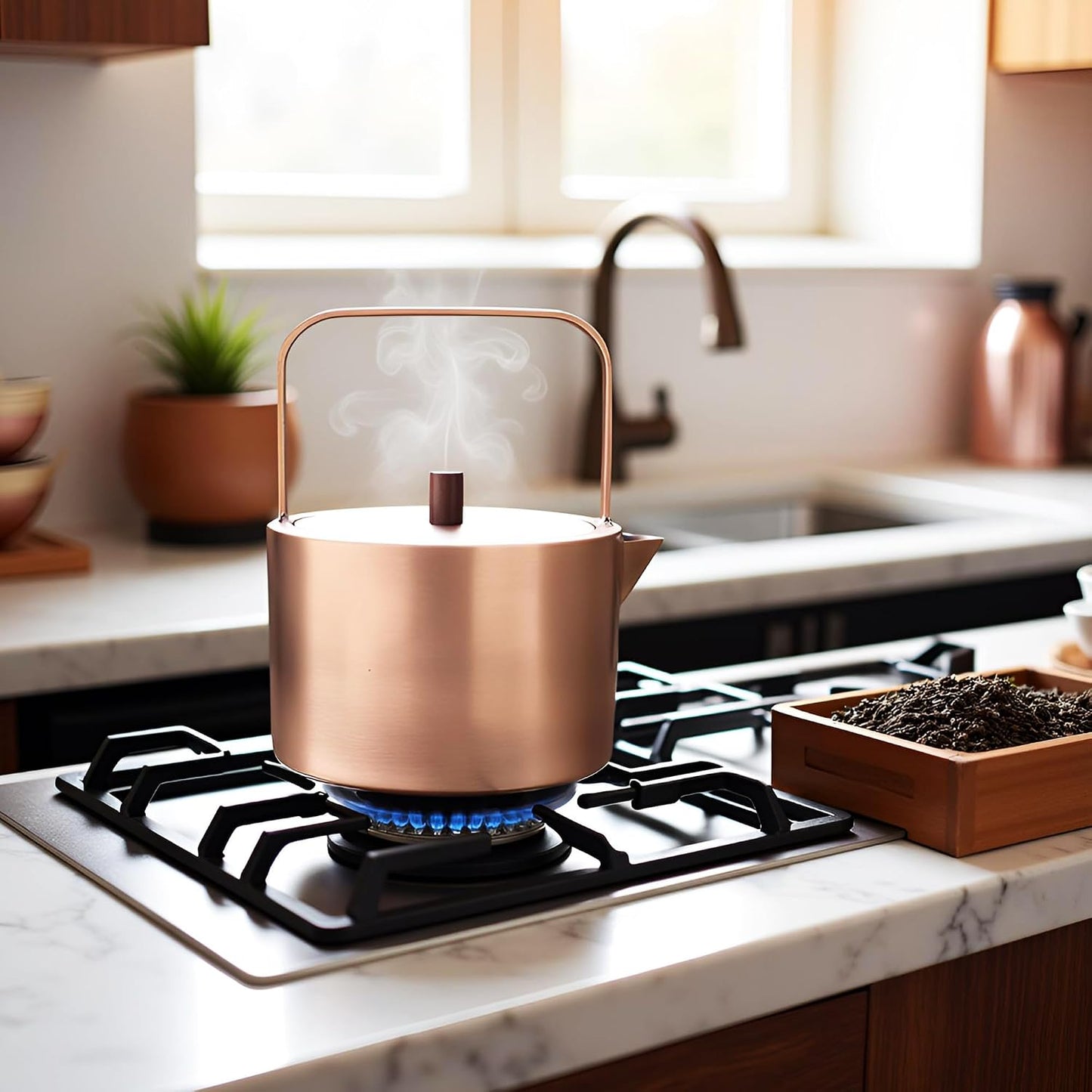 YJX Pure Copper Tea Kettle For Stovetop Safe, Chinese Style Non-Coating Teapot with Stainless Steel Tea Ball For Loose Tea, Durable Tea Pot, 1500ml Kettle