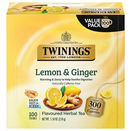 Twinings Lemon &amp; Ginger, Caffeine-Free Herbal Tea Bags, 100 CT Box (1 Pack) | Spicy &amp; Tangy, Ginger, Lemon Peel, Lemongrass, Blackberry Leaves, Soothe Digestion, 100 Foil Lined Individually Wrapped Bags