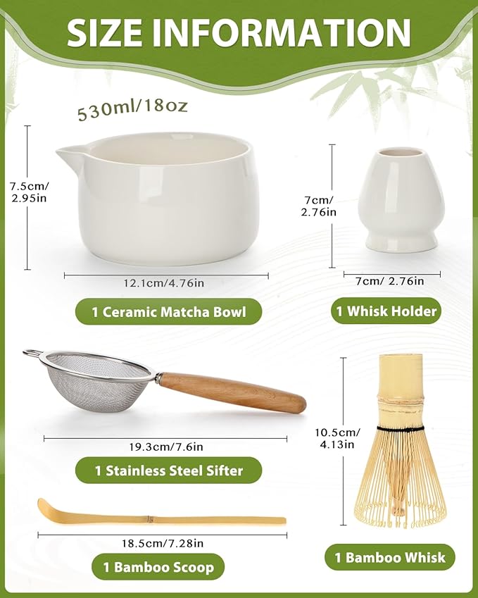 20OZ Matcha Whisk Set - 5PCS Matcha Kit Includes Ceramic Bowl with Spout, Bamboo Whisk with Holder, Bamboo Scoop and Sifter, Matcha Set for Ceremony