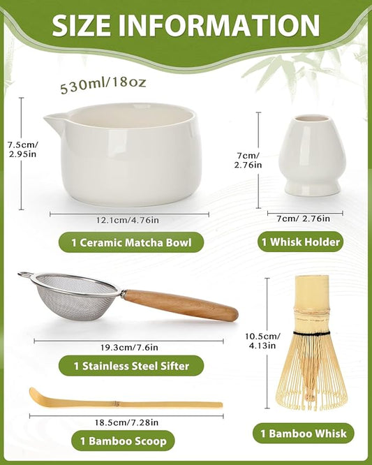 20OZ Matcha Whisk Set - 5PCS Matcha Kit Includes Ceramic Bowl with Spout, Bamboo Whisk with Holder, Bamboo Scoop and Sifter, Matcha Set for Ceremony
