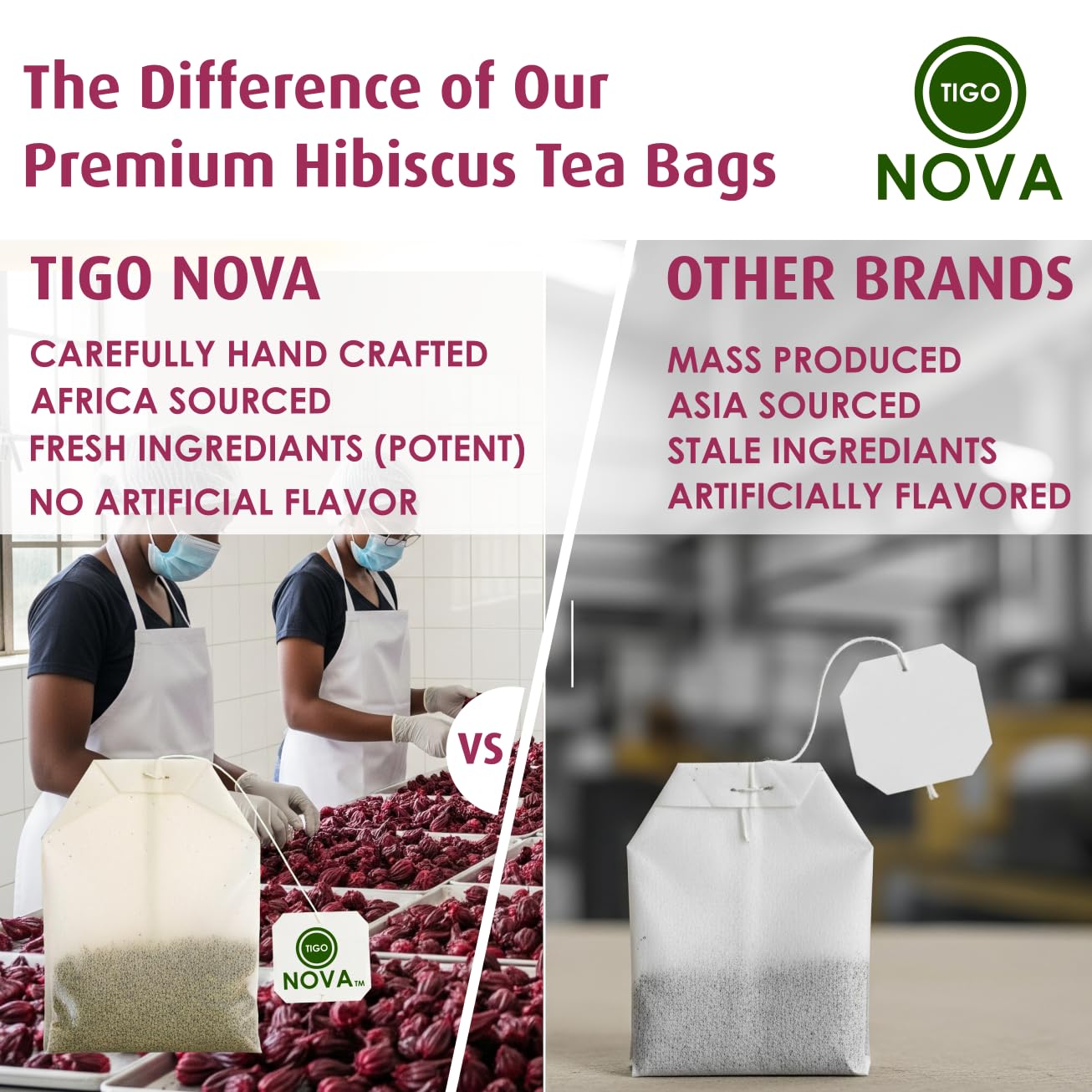 FRESH Premium Hibiscus Tea Bags, 100% Natural &amp; Plant-Based (Vegan) Ingredients, Caffeine free | Authentic African Origin | Eco-conscious Teabags | 15 count