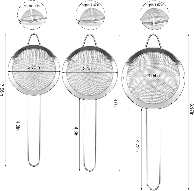 3 Pack Fine Mesh Strainer, Small Stainless Steel Sieves with Handles, for Steeping Loose Leaf Tea, Straining Cocktail, Juice and Sifting Flour