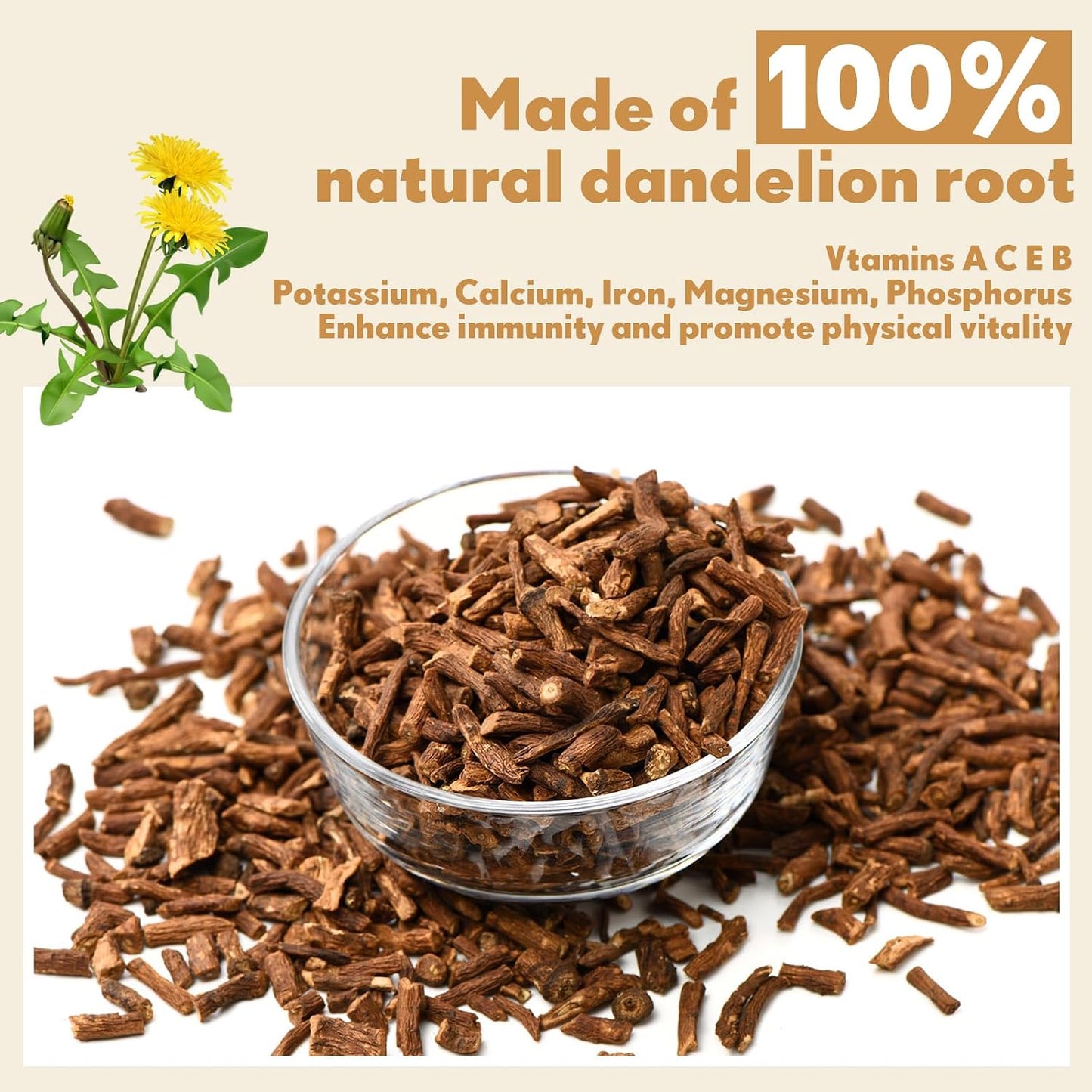 Besway Roasted Dandelion Root Tea Bags, 100 Count, Natural Herbal Tea | Roasted Dandelion Root Herbal Tea with a Smooth, Rich Flavor, Naturally Caffeine-Free, Packed in a Resealable Pouch
