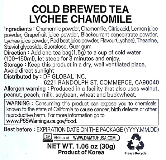 Damtuh Lychee Chamomile Cold Brew Tea - Zero Carbs Zero Sugar, Sweet Cold Tea Beverage with Stevia 30g (20 tea bags)