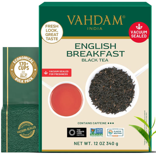 VAHDAM English Breakfast Tea Loose Leaf (12oz|170+ Cups) Bold Black Tea | Robust, Malty |High Caffeine, Non GMO, Gluten Free |Unblended Single Origin Black Tea |Vacuum Sealed |Enjoy With/Without Milk