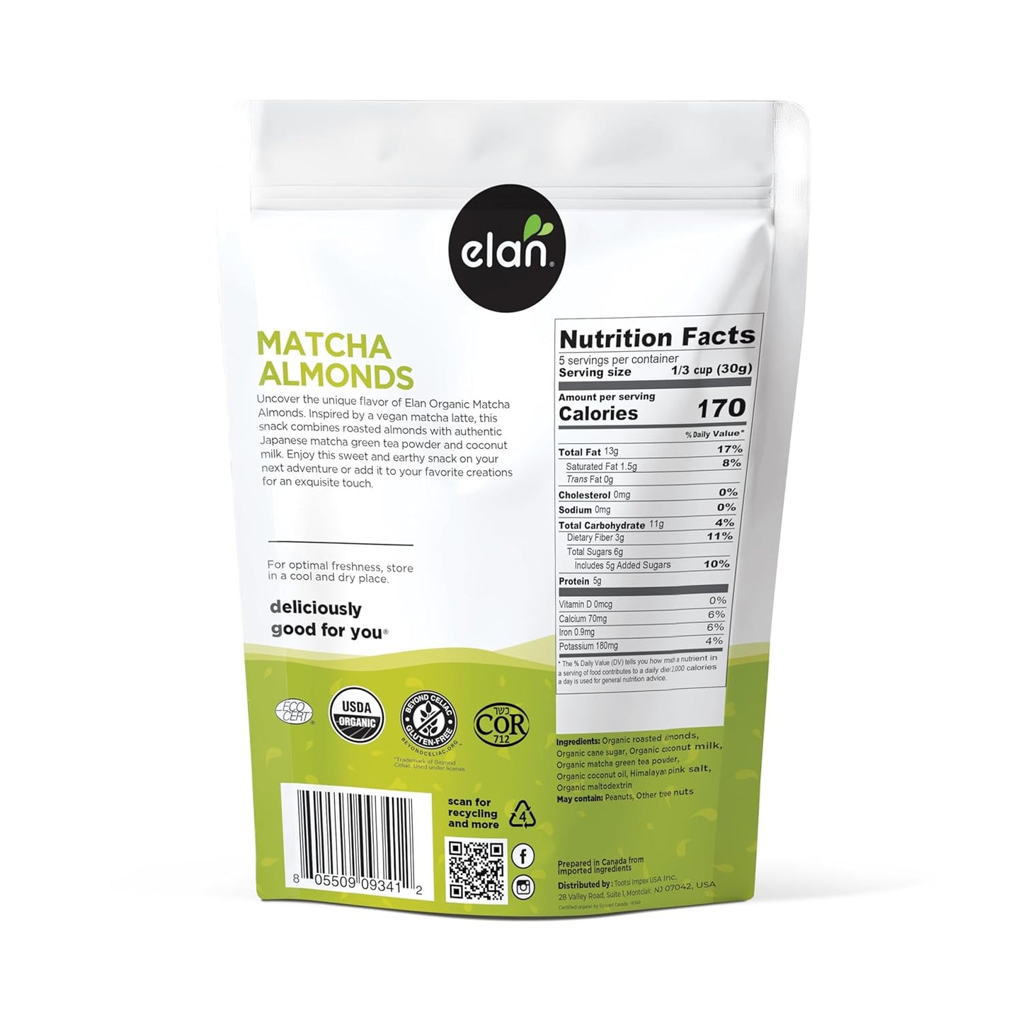 Elan Organic Matcha Almonds, 5.6 oz, Non-GMO, Gluten-Free, Vegan, Kosher, Superfood Infused Nuts (Roasted Almonds, Coconut, Matcha Green Tea Powder), Source of Antioxidants (Vitamin A)