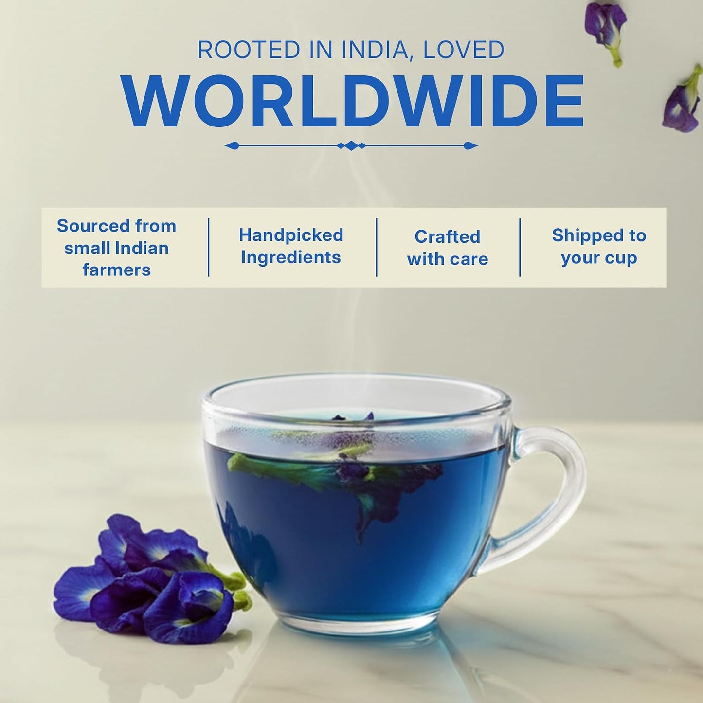 Tealeaf &amp; Co. Butterfly Pea Herbal Tea Bags Blended with Fresh Herbs - Herbal Tea with Butterfly Pea Flower - Contains Low Caffeine - Gluten Free - 50Teabags (3.52oz/100gm)