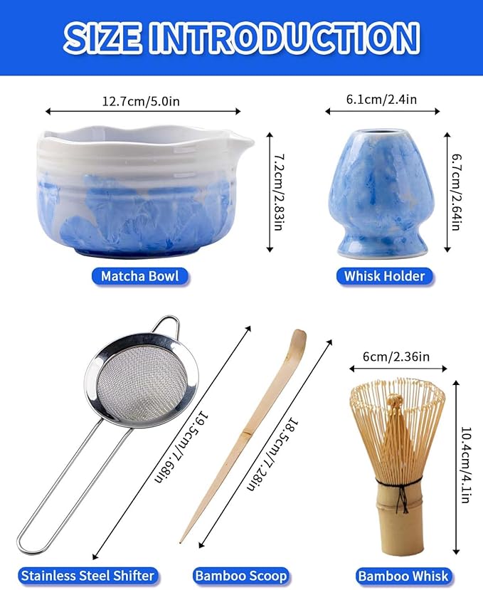 Pottery Matcha Set - Japanese Handcrafted Matcha Tea Bowl Mineral Glaze Bowl with Spout, Bamboo Whisk, Scoop & Chasen Holder | 5pc Tea Ceremony Kit for Matcha Lovers (Azure Erosion)
