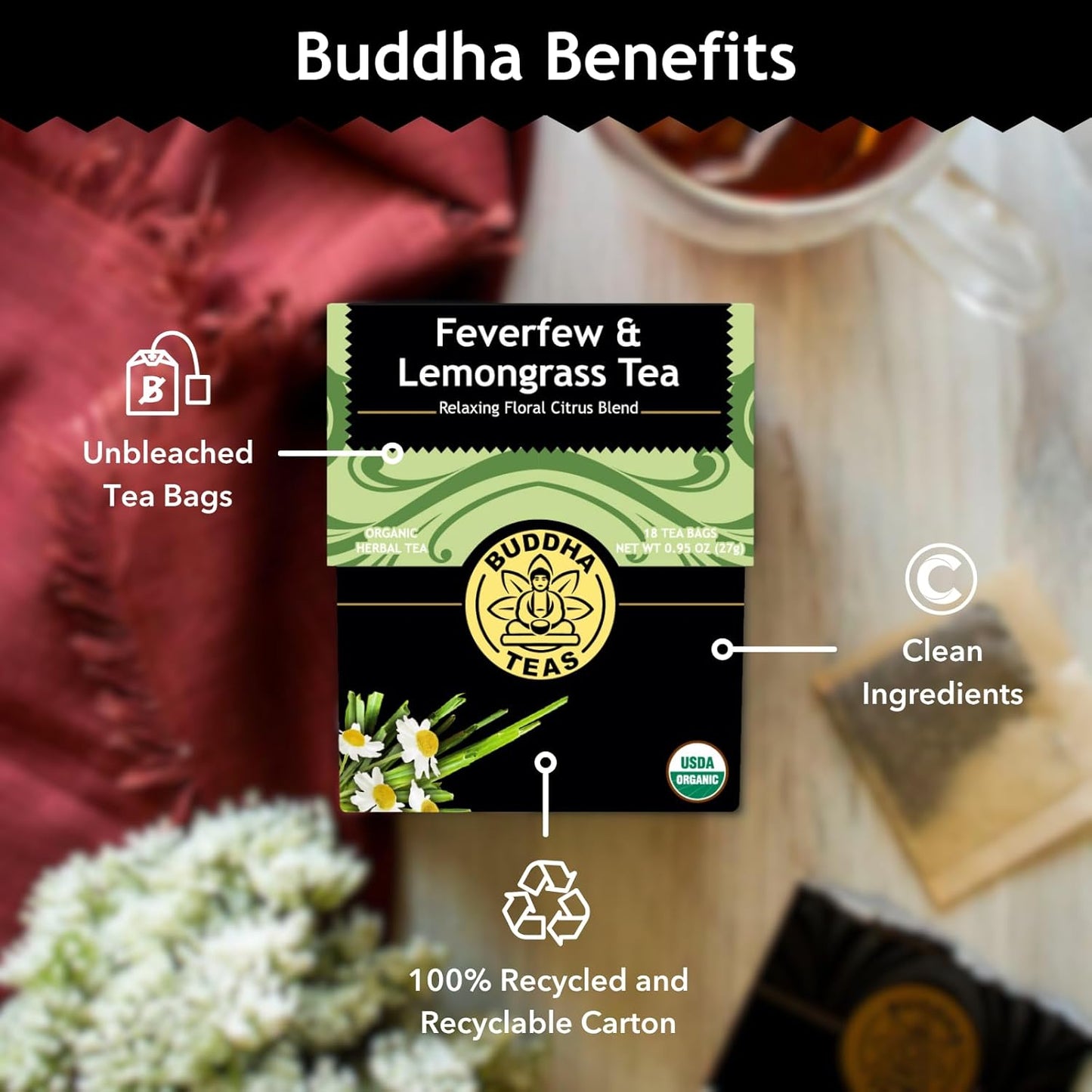 Buddha Teas - Feverfew & Lemongrass - Organic Herbal Tea - For Cognitive Balance & Overall Health - With Essential Minerals & Vitamins - Caffeine Free - 100% Kosher & Non-GMO - 18 Tea Bags (Pack of 1)