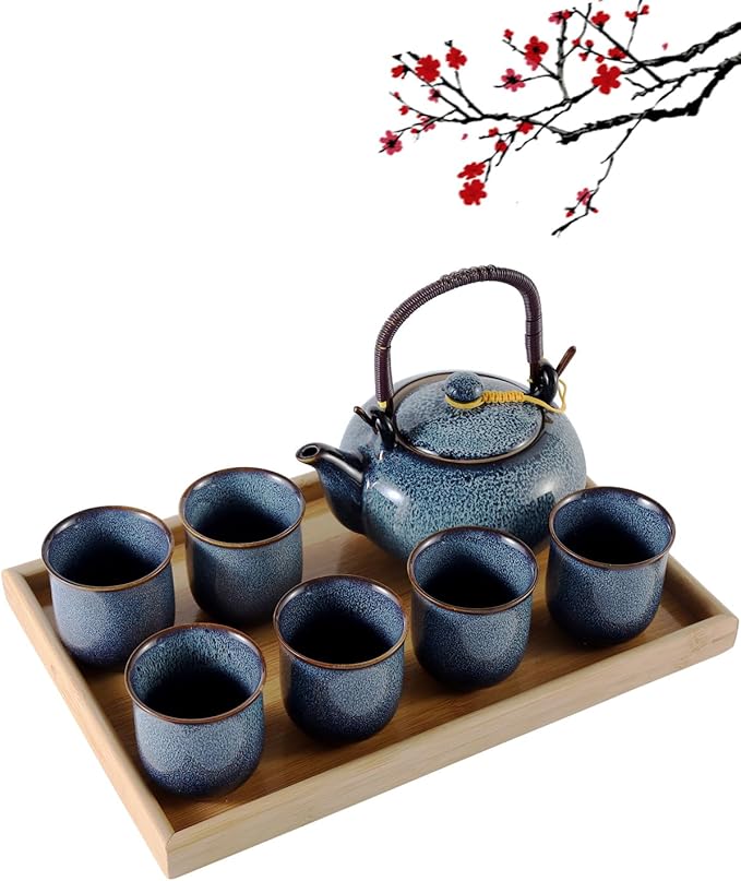 Dujust Japanese Tea Set for 6, Kiln Altered Glaze Porcelain Tea Set with 1 Teapot, 6 Tea Cups & 1 Tea Tray