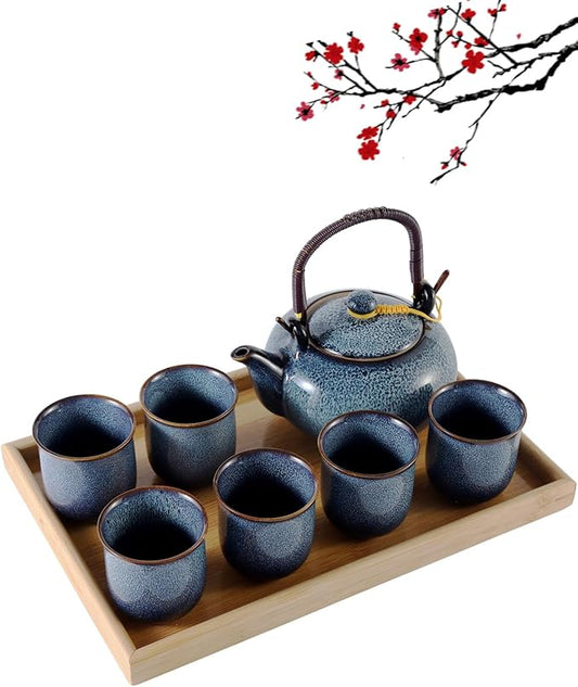 Dujust Japanese Tea Set for 6, Kiln Altered Glaze Porcelain Tea Set with 1 Teapot, 6 Tea Cups & 1 Tea Tray