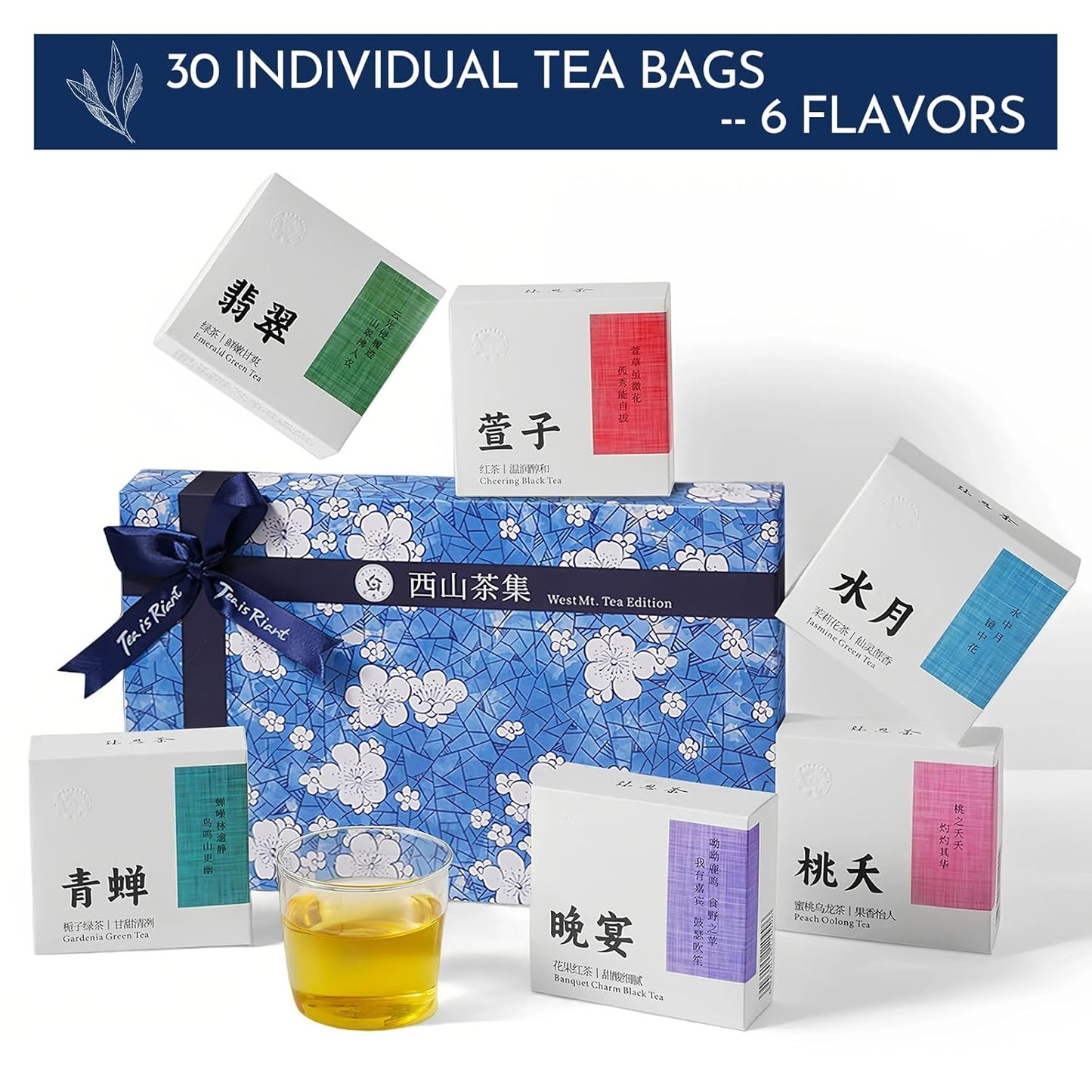 Rinatea Tea Gift Set - West Mt. Tea Selection-Tea Bag Sampler Variety Pack - Includes 6 Rich Flavors, 30 Tea Bags - Natural Loose Leaf Tea Sampler Gift Box for Tea Lovers