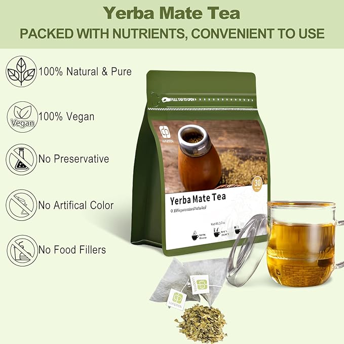 luoptea Unsmoked Yerba Mate Tea Bags from Argentina-100 NAtural Energy&Focus herbal Tea, Antioxidant Rich Detox Tea,Hot or Iced