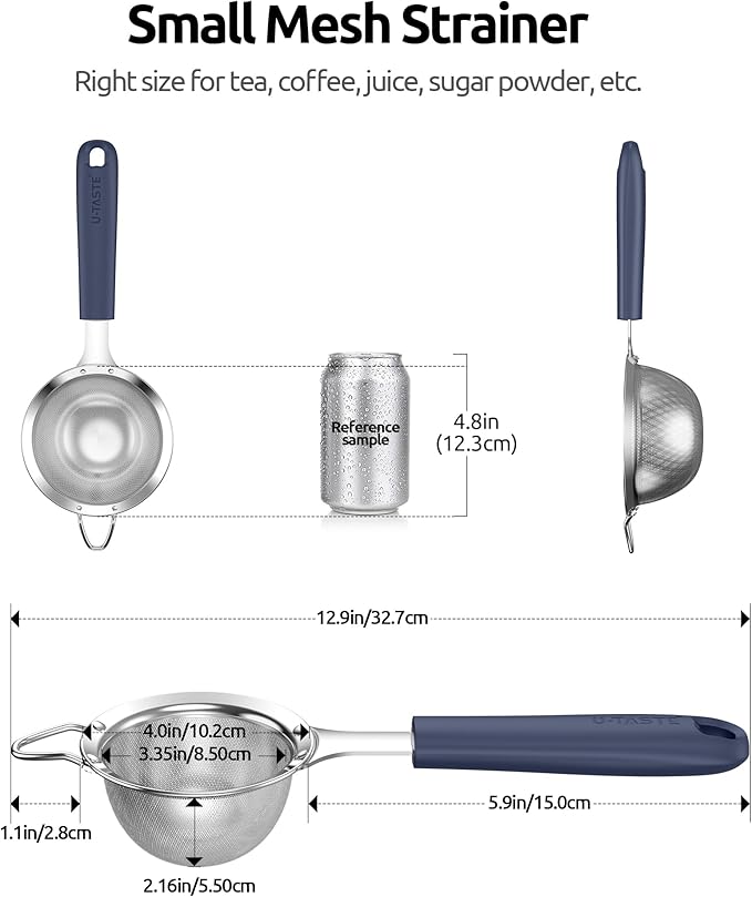 U-Taste Small Fine Mesh Strainer: 18/8 Stainless Steel 3.35in 30 Mesh Kitchen Food Sieve with Sturdy Riveted Silicone Handle, Heavy Duty Deep Handheld Metal Colander for Tea, Juice (Midnight Blue)