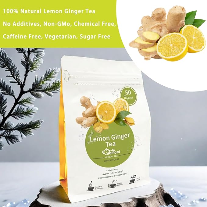 Samcci - Lemon Ginger Tea Bags, 50 Teabags - Great Hot or Iced – Aromatic, Natural, Pleasantly Spicy & Warming - Non-GMO - Caffeine-free