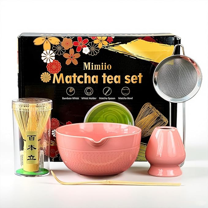 Mimiio Pink Matcha Whisk Set, 5 Pcs - Pink, Ceramic & Bamboo, Japanese Traditional Matcha, Includes Bowl, Whisk, Holder, Sifter, Scoop