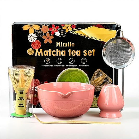 Mimiio Pink Matcha Whisk Set, 5 Pcs - Pink, Ceramic & Bamboo, Japanese Traditional Matcha, Includes Bowl, Whisk, Holder, Sifter, Scoop
