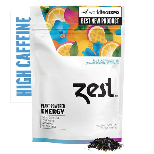 Zest 150mg High Caffeine Energy Loose Leaf Blend - Blue Lady Black Tea - 4 Oz - Hot or Iced - All Natural Strong Flavored Healthy Coffee Alternative Highly Caffeinated Substitute - Perfect for Keto