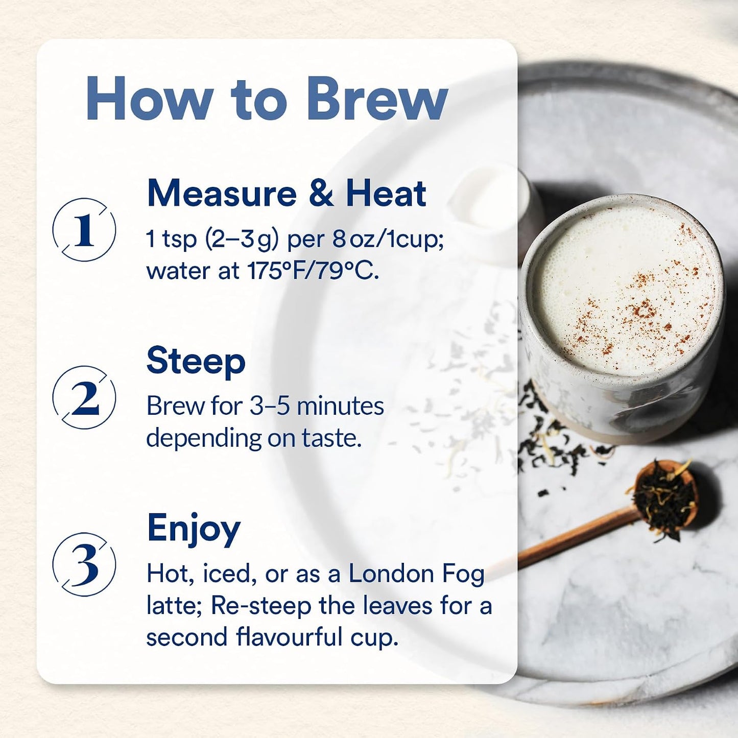 JusTea CREAM EARL GREY Loose Leaf Black Tea, 40+ Cups Pouch, 4/5 Caffeine | Fair-Trade CREAM EARL GREY Loose Leaf Black Tea. 90g/3.2oz Resealable Pouch. Steeps 40+ cups. 4/5 Caffeine. Organic.