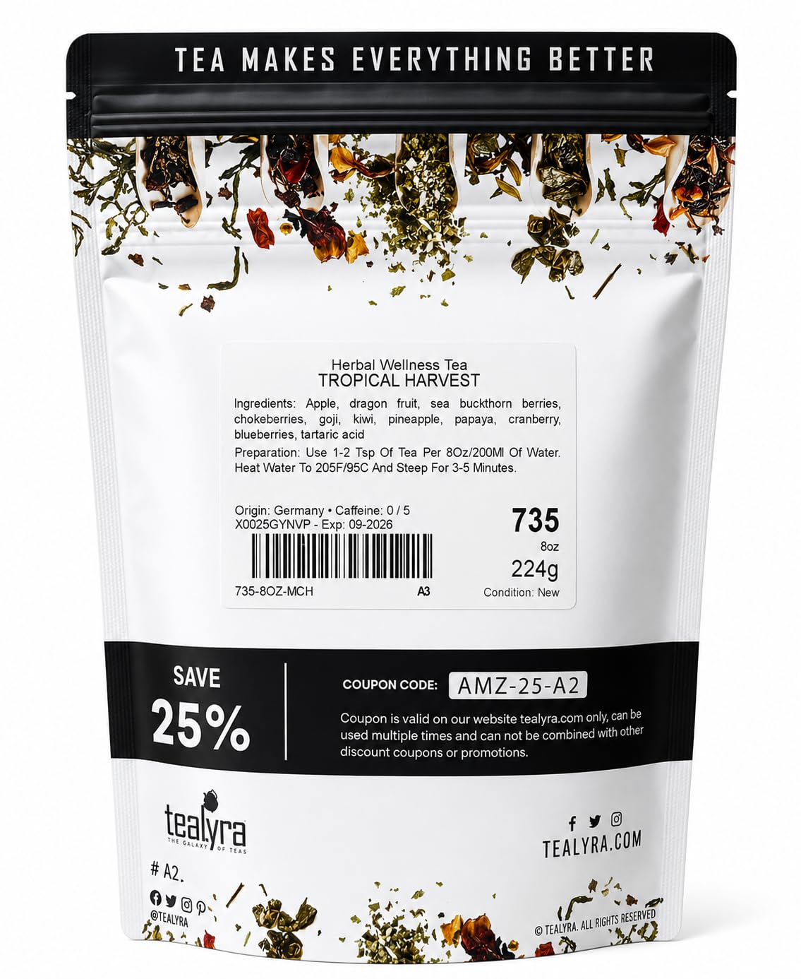 Tealyra - Tropical Harvest - Fruity Herbal Loose Leaf Tea - Dragon Fruit - Sea Buckthorn - Goji - Pineapple - Cranberry - Caffeine Free - Hot or Iced - 112g (4-ounce)