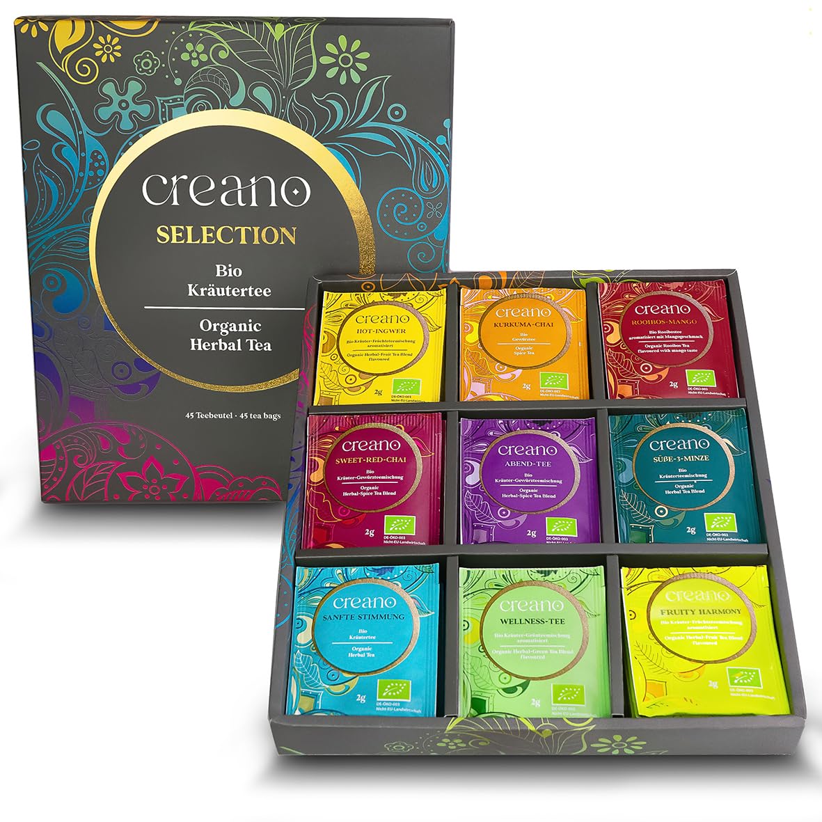 Creano Organic Herbal Tea Gift Set Grey - 45 Organic Tea Bags in 9 Different Varieties - 90 g