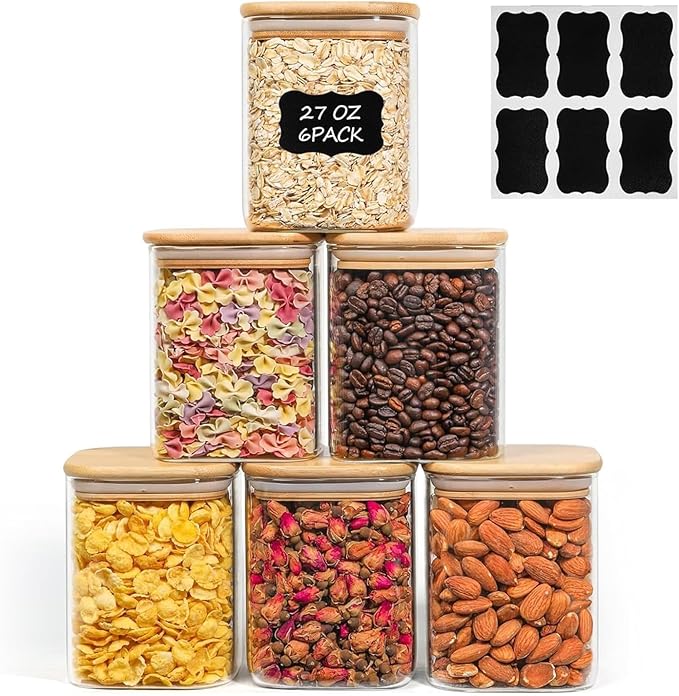 ComSaf 0.8 Qt Glass Food Storage Jars Set of 6, Clear Storage Containers with Airtight Lids, Pantry 