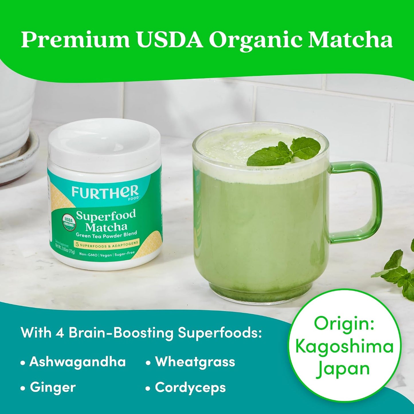 Further Food Superfood Matcha Powder, USDA Organic Japanese Matcha | With Ashwagandha, Ginger, Wheatgrass &amp; Cordyceps, Brain Boosting Energy &amp; Detox Tea, 2.65 Oz
