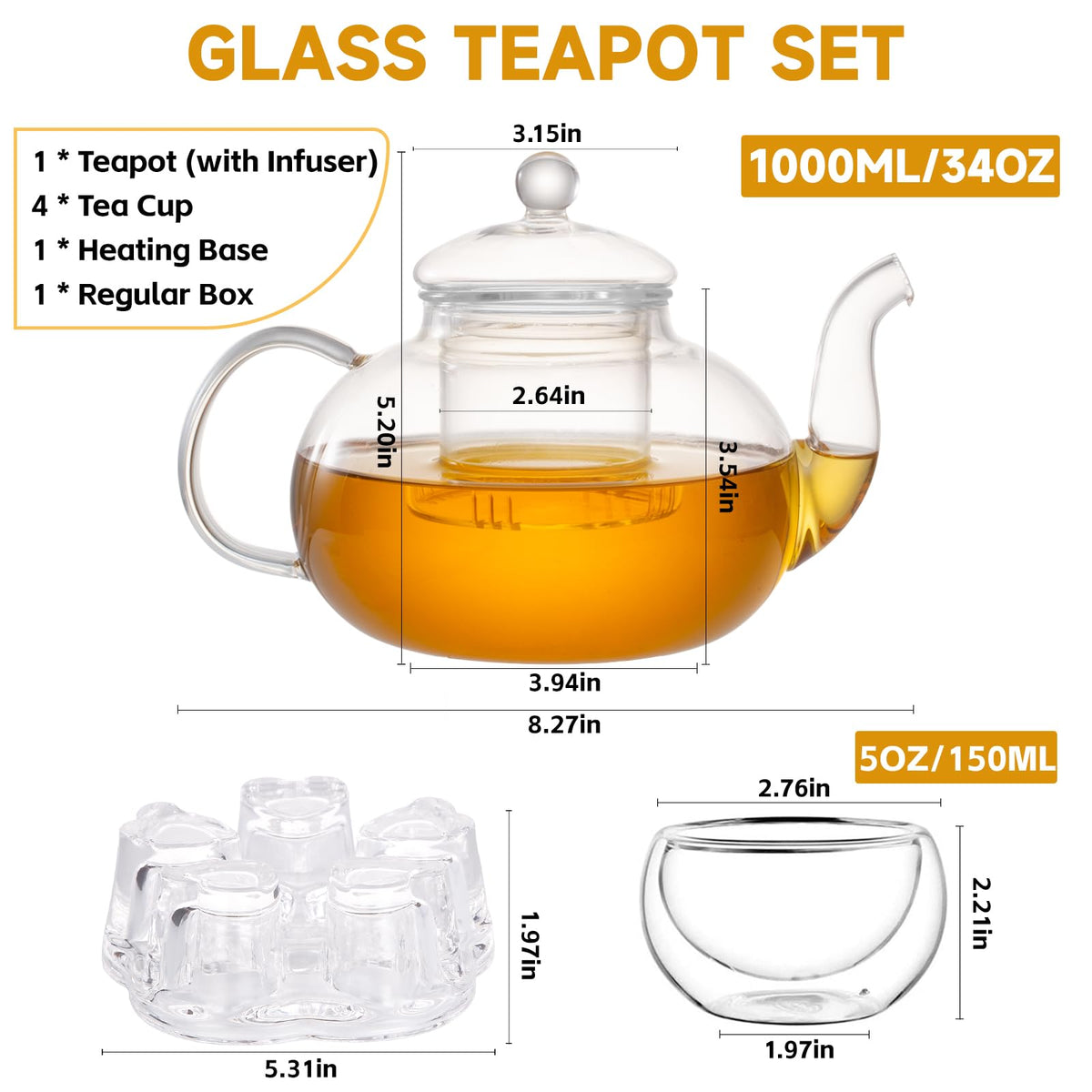 GURUDAR Glass Teapot Set, 34OZ/1000ML Glass Tea Kettle with Loose Tea Infuser & Warmer, 5OZ/150ML Double-Wall Tea Cup Set of