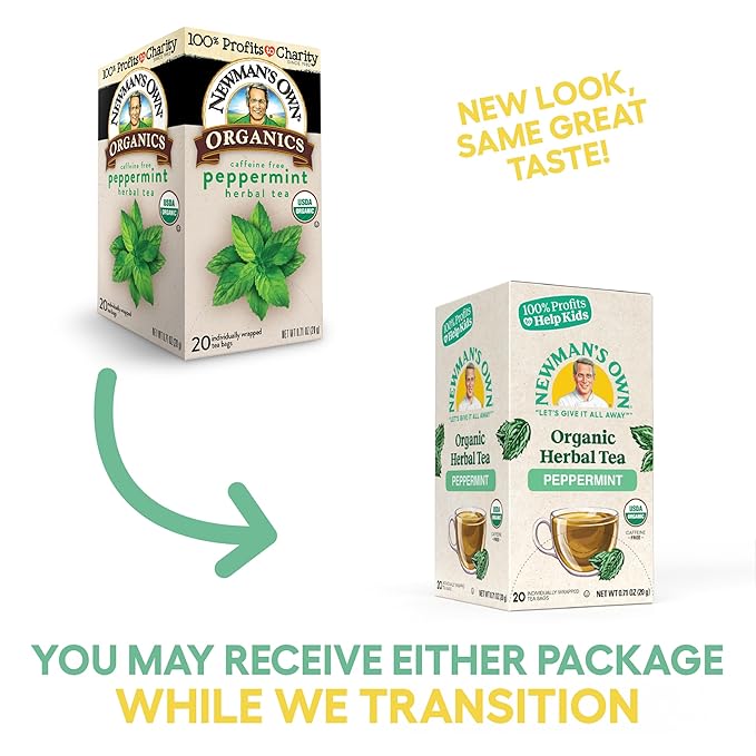 Newman's Own Organic Peppermint Tea Caffeine Free Refreshing Mint Herbal That May Aid Digestion with 20 Individually Wrapped Bags Per Box USDA