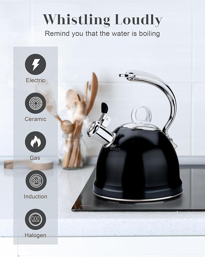 Harriet Tea Kettle Stovetop, 2.5 QT Whistling Stainless Steel Teapot, 3-Layer Base, Unique Ergonomic Handle, Includes Pot Holder & Mat