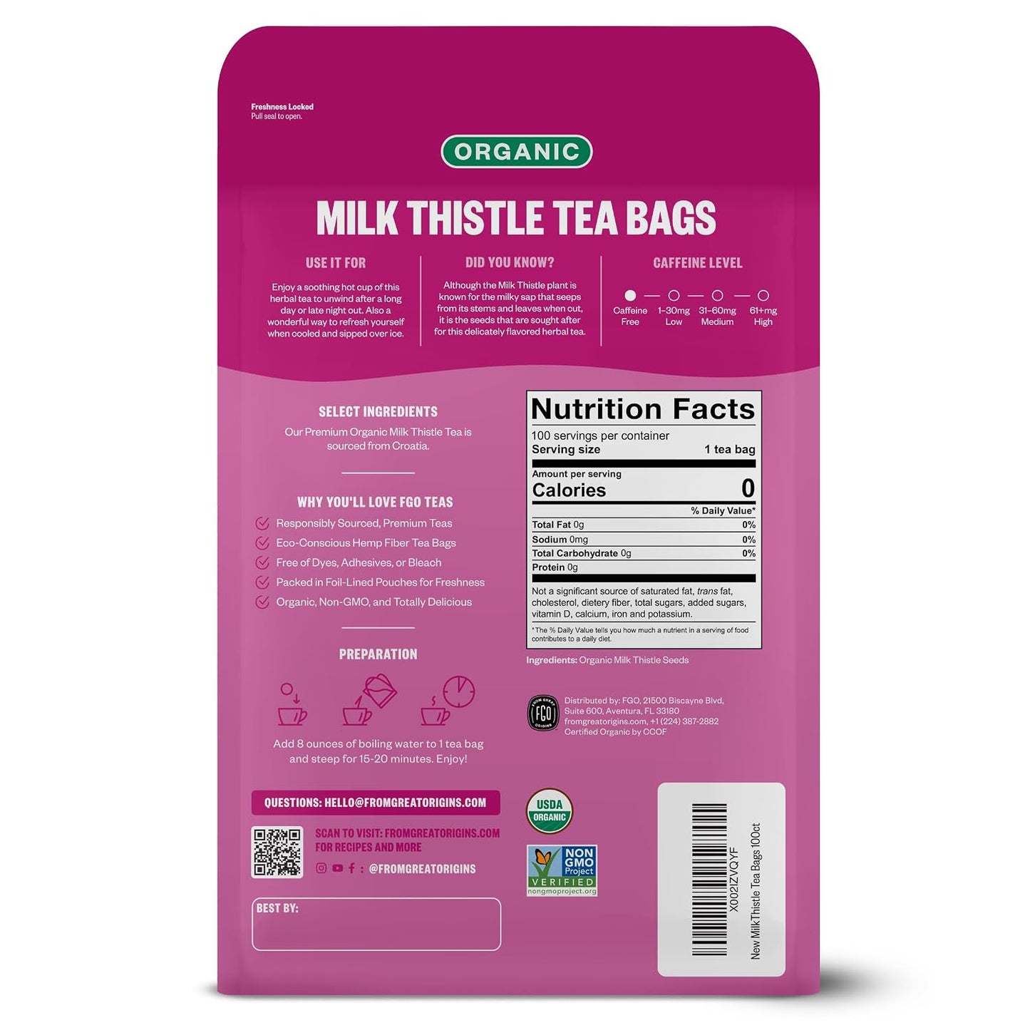FGO Organic Milk Thistle Tea, 100 Count, Eco-Conscious Herbal Tea Bags, Resealable Bag, Caffeine Free, Packaging May Vary (Pack of 1)