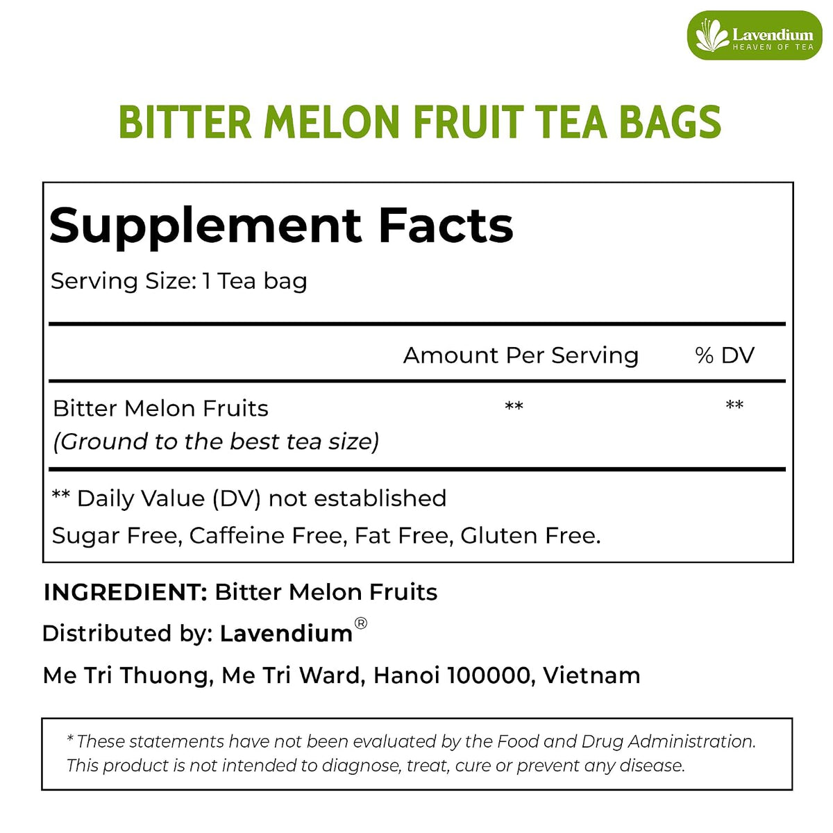 Lavendium Bitter Melon Tea Bags, Caffeine-Free, 30 Count | Pure bitter melon fruit in convenient tea bags; no additives or preservatives, non-GMO, plant-based and vegan.
