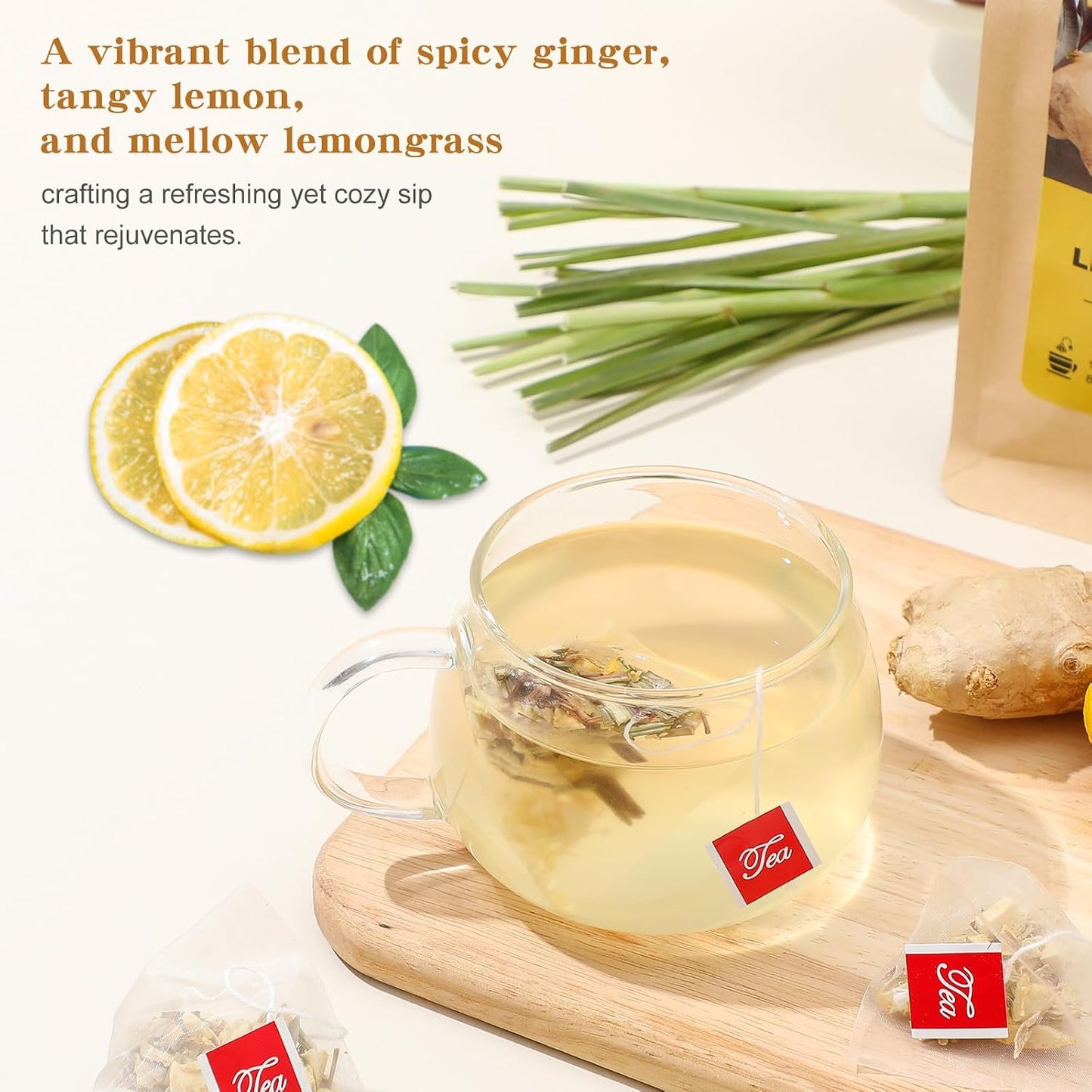 FullChea Lemon Ginger Tea Bags, 50 Counts, Non-GMO, Caffeine-Free | te de Jengibrey Limon, Pleasantly Spicy &amp; Warming, Support Digestion &amp; Boost Immunity, No Additives, Resealable Pouch