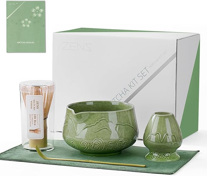Zens Matcha Whisk Set, 15oz Ceramic Matcha Bowl with Spout and Bamboo Whisk, (Chasen Holder) Scoop & Tea Towel, 5pcs Matcha Kit for Matcha Ceremony